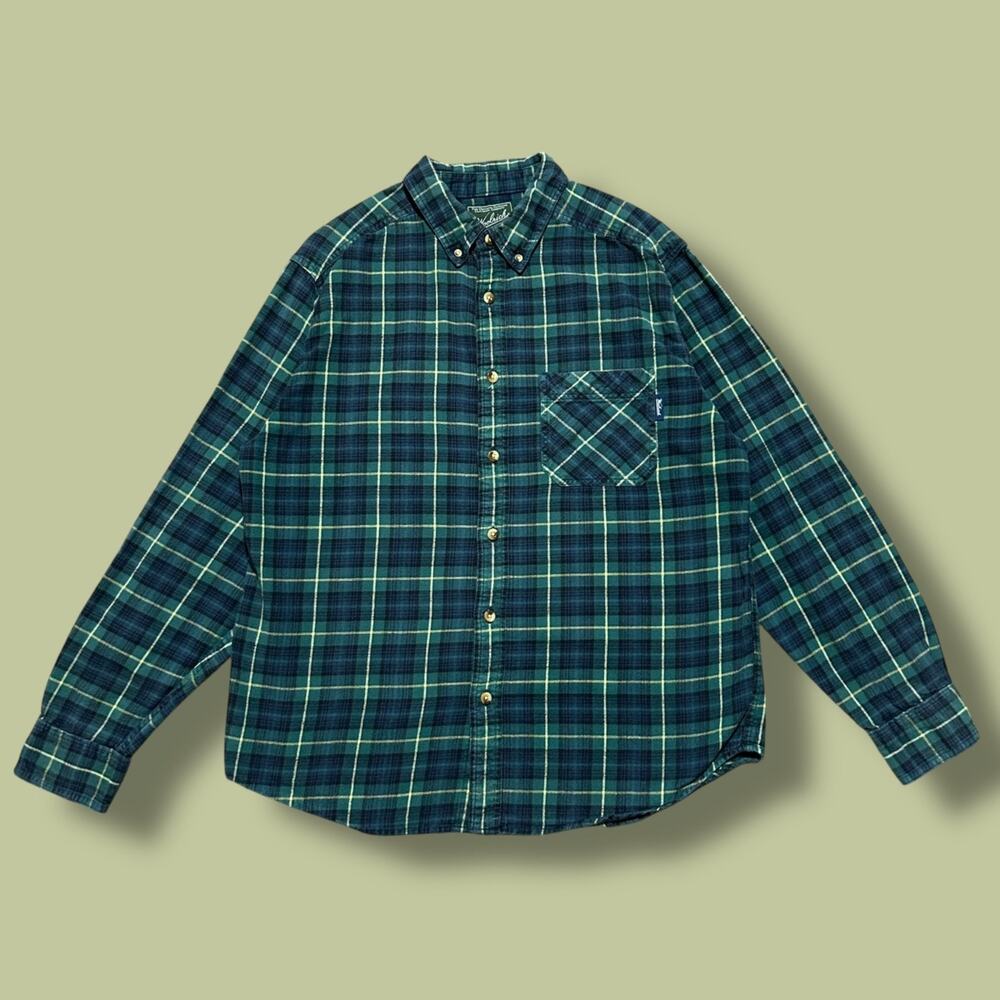 Woolrich Flannel Shirt Long Sleeve Button Down Cotton Green Mens Large